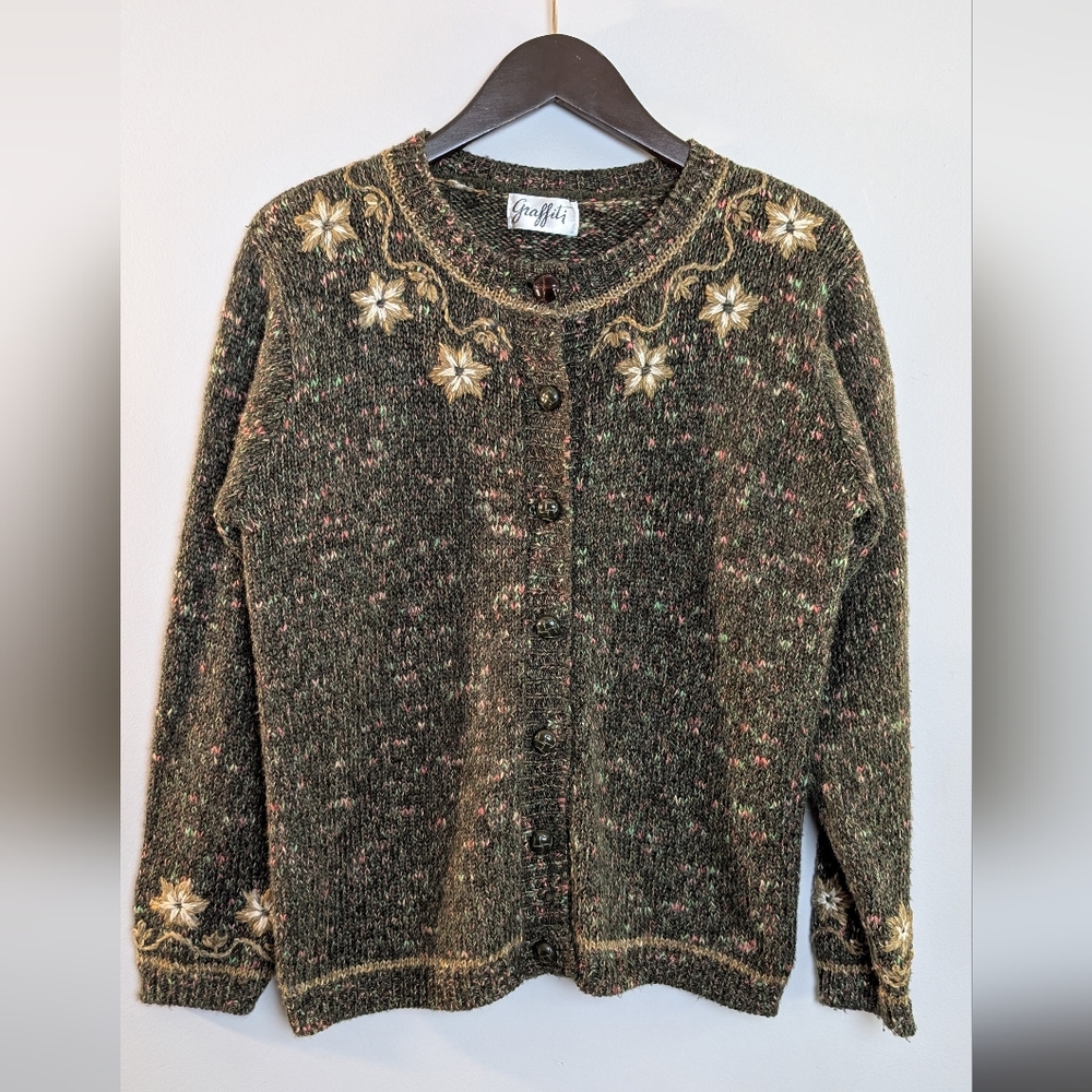 Vintage Graffiti Green Knit Cardigan, Embroidered Star Flowers, Size S